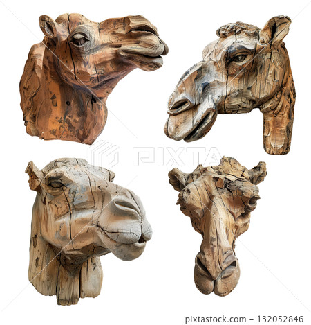 Collection of four weathered wooden camel head carvings, featuring deeply textured wood grain and expressions in profile and front view. Collection of four weathered wooden camel head carvings, featuring deeply textured wood grain and expressions in profile and front view. 132052846