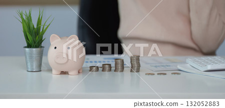 Financial Planning. Coins and a piggy bank on a desk, representing savings and budgeting. 132052883