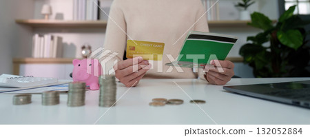 Financial Transactions. Holding a credit card and a green wallet. Financial Transactions. Holding a credit card and a green wallet. 132052884