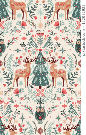 Vector Christmas seamless pattern with hand drawn Scandinavian folk ornament, animals, deer, owl, decorations. Vector endless background of new year symbols in modern graphic style 132052922