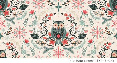 Vector Christmas seamless pattern with hand drawn Scandinavian folk ornament, animals, owl, decorations. Vector endless background of new year symbols in modern graphic style 132052923