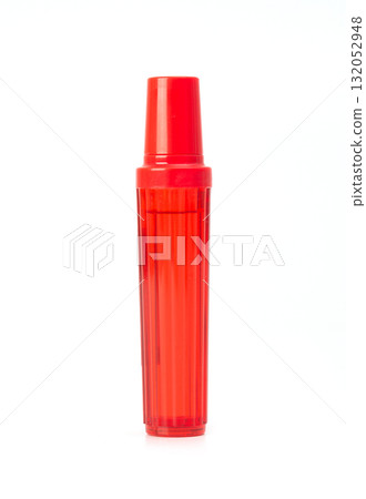 Vertical red translucent plastic container or storage tube with a cap, isolated on white. 132052948