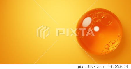 黃色背景上漂浮的橙色液體。凝膠。複製空間。 3D(橫向) 黃色背景上漂浮的橙色液體。凝膠。複製空間。 3D(橫向) 132053004