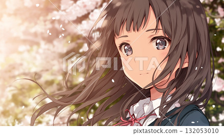 A female student with her hair blowing in the wind under the cherry blossoms. An illustration of a beautiful anime girl wrapped in spring light. 132053010