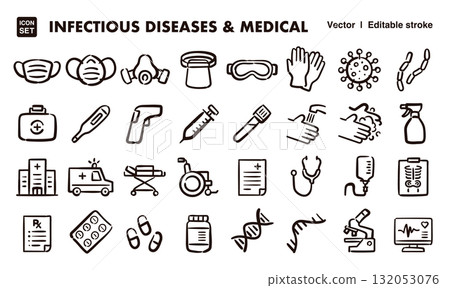 傳染病和醫療手繪圖示插圖集。 EPS 版本可編輯以變更線條粗細等。 傳染病和醫療手繪圖示插圖集。 EPS 版本可編輯以變更線條粗細等。 132053076