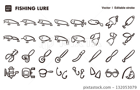 手繪圖標插圖集，包括誘餌和漁具。 EPS 版本可讓您編輯線條粗細等。 132053079