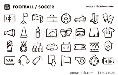 Hand-drawn soccer icon illustration set. EPS version can be edited to change line thickness, etc. 132053080