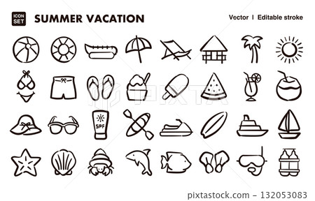 Summer vacation and beach resort hand-drawn icon illustration set. EPS version can be edited to change line thickness, etc. 132053083