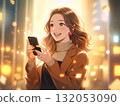一位年輕女子手持智慧型手機，臉上洋溢著幸福的笑容，金色光芒 132053090