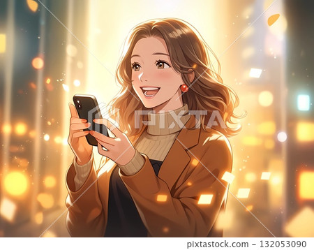 A young woman with a happy smile holding a smartphone and golden light 132053090