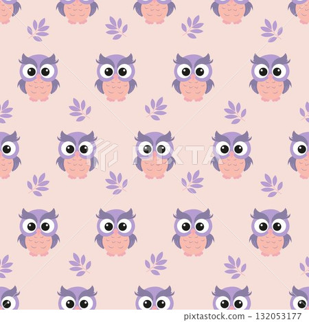 Seamless pattern with cute owls and leaves. 132053177