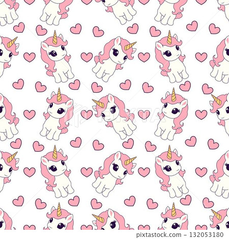 Seamless pattern with cute unicorns and hearts. Seamless pattern with cute unicorns and hearts. 132053180
