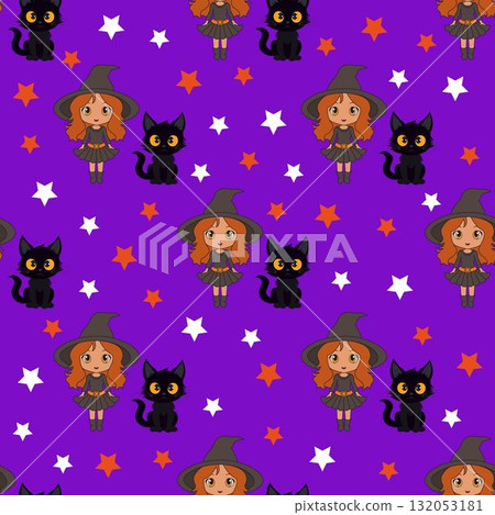 Seamless pattern with cartoon witches, black cats and stars. 132053181