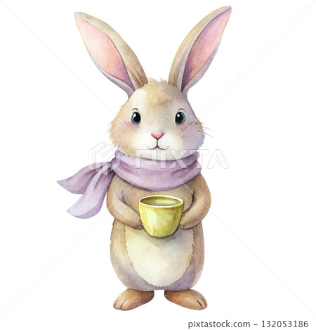 minimal watercolor artwork of a standing bunny wearing a dusty rose scarf minimal watercolor artwork of a standing bunny wearing a dusty rose scarf 132053186