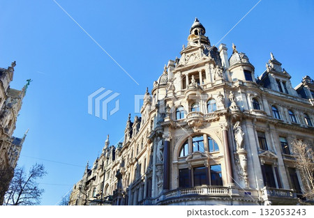 Antwerp European district architecture featuring ornate facades and classic old town buildings under clear sky Antwerp European district architecture featuring ornate facades and classic old town buildings under clear sky 132053243