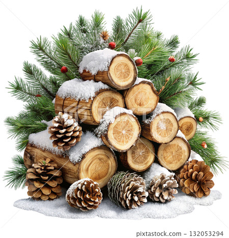 still life of stacked firewood logs covered in snow Watercolor white background still life of stacked firewood logs covered in snow Watercolor white background 132053294