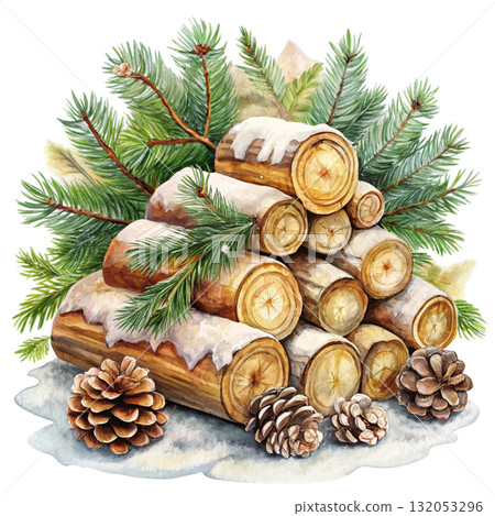 still life of stacked firewood logs covered in snow Watercolor white background still life of stacked firewood logs covered in snow Watercolor white background 132053296