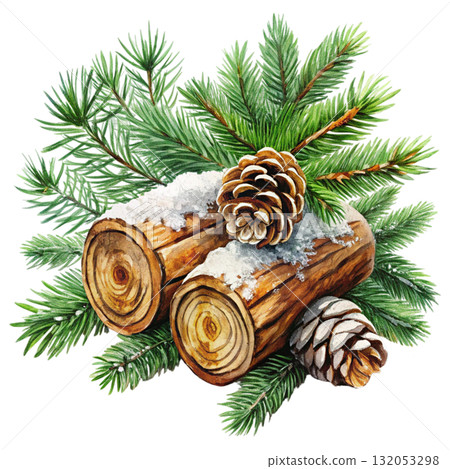 still life of stacked firewood logs covered in snow Watercolor white background still life of stacked firewood logs covered in snow Watercolor white background 132053298
