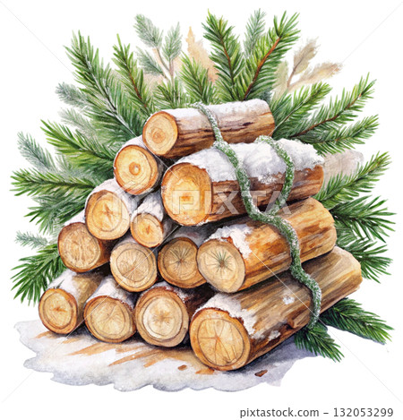 still life of stacked firewood logs covered in snow Watercolor white background still life of stacked firewood logs covered in snow Watercolor white background 132053299