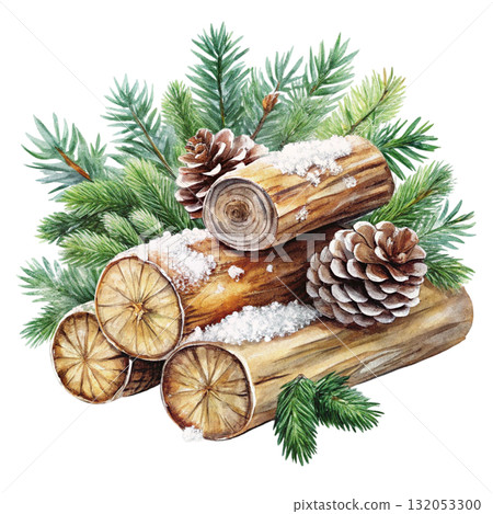 still life of stacked firewood logs covered in snow Watercolor white background 132053300