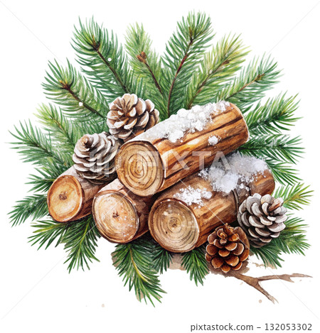 still life of stacked firewood logs covered in snow Watercolor white background still life of stacked firewood logs covered in snow Watercolor white background 132053302