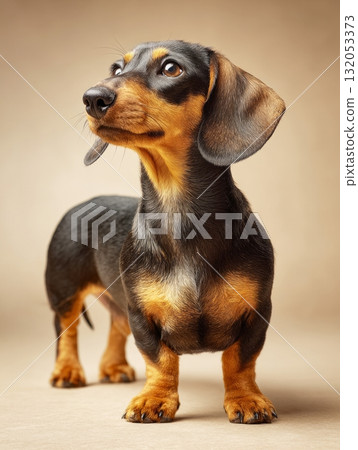 Dachshund puppy watching with head tilted up on studio 132053373