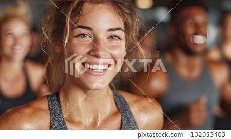 Woman smiling and sweating during fitness workout class 132053403