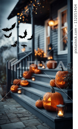 Halloween pumpkins with jack o' lantern faces decorating porch steps 132053404