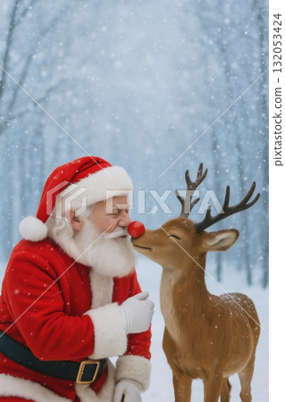 Santa and Rudolph sharing a snowy Christmas moment 132053424