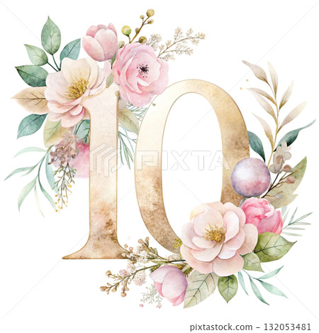 watercolor Even numbers in soft blush pink tones decorated with elegant watercolor flowers 132053481