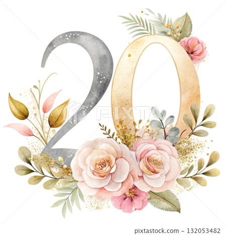 watercolor Even numbers in soft blush pink tones decorated with elegant watercolor flowers 132053482