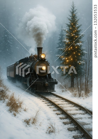 Christmas steam train in snowy forest 132053533
