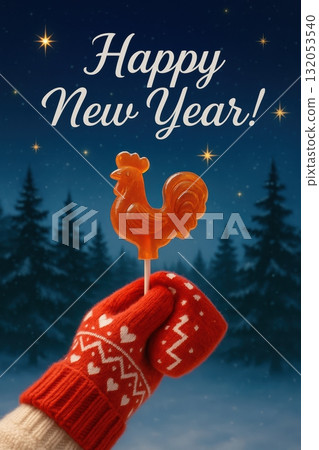 Happy New Year candy rooster in winter forest 132053540