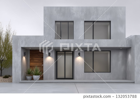 Modern concrete house with large windows and minimalistic design located in a quiet suburban area 132053788