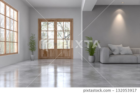 Bright and airy modern living room with large windows and minimalistic decor 132053917