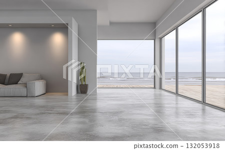 Modern beachfront living space with large windows and minimalist decor near the ocean 132053918