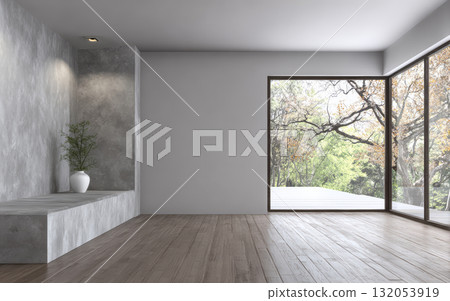 Spacious modern room with large windows showcasing nature in a tranquil setting Spacious modern room with large windows showcasing nature in a tranquil setting 132053919