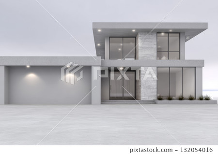 Modern two-story house with large windows and minimalist design in a tranquil setting 132054016