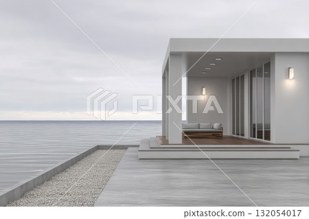 Modern seaside house with minimalist design and serene ocean view at twilight 132054017