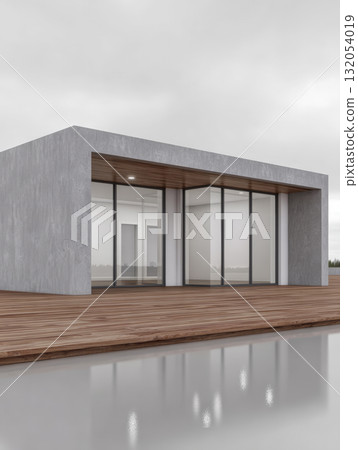 Modern architectural design of a minimalist building by a reflective water body in an overcast environment 132054019