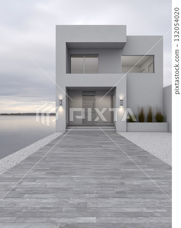 Modern waterfront home with sleek design and serene surroundings by the lake at dawn 132054020