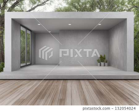 Modern open space design with large windows and natural light in a serene green setting Modern open space design with large windows and natural light in a serene green setting 132054024