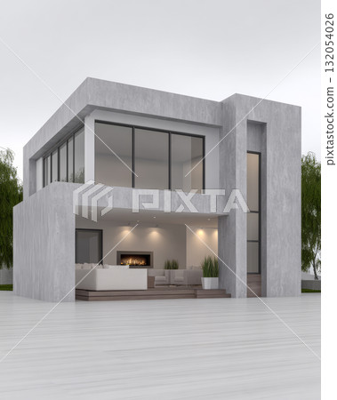 Modern concrete house design with large windows and open space for living area and outdoor view Modern concrete house design with large windows and open space for living area and outdoor view 132054026