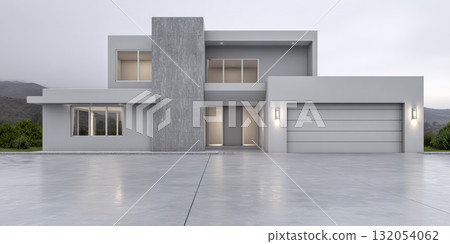 Modern house exterior design with sleek architecture in a tranquil natural setting during overcast weather Modern house exterior design with sleek architecture in a tranquil natural setting during overcast weather 132054062