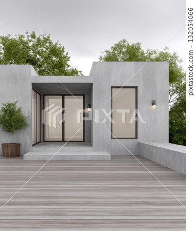 Modern concrete house entrance with sleek design and natural surroundings at dusk 132054066