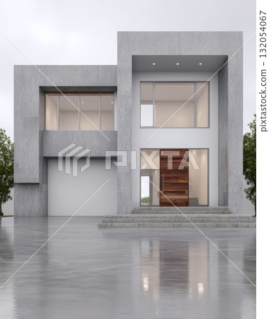 Modern concrete house with large windows and wooden door in a minimalist design 132054067