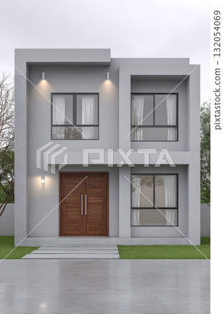 Modern two-story house with wooden doors and large windows in a suburban setting on a cloudy day 132054069