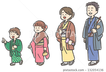 一家四口穿著和服,今年第一次去參拜神社 一家四口穿著和服,今年第一次去參拜神社 132054136