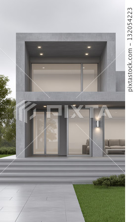 Modern architectural design of minimalist house with large windows and a wooden ceiling 132054223