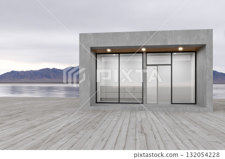 Modern architectural design of minimalist house with large windows and a wooden ceiling Modern architectural design of minimalist house with large windows and a wooden ceiling 132054228